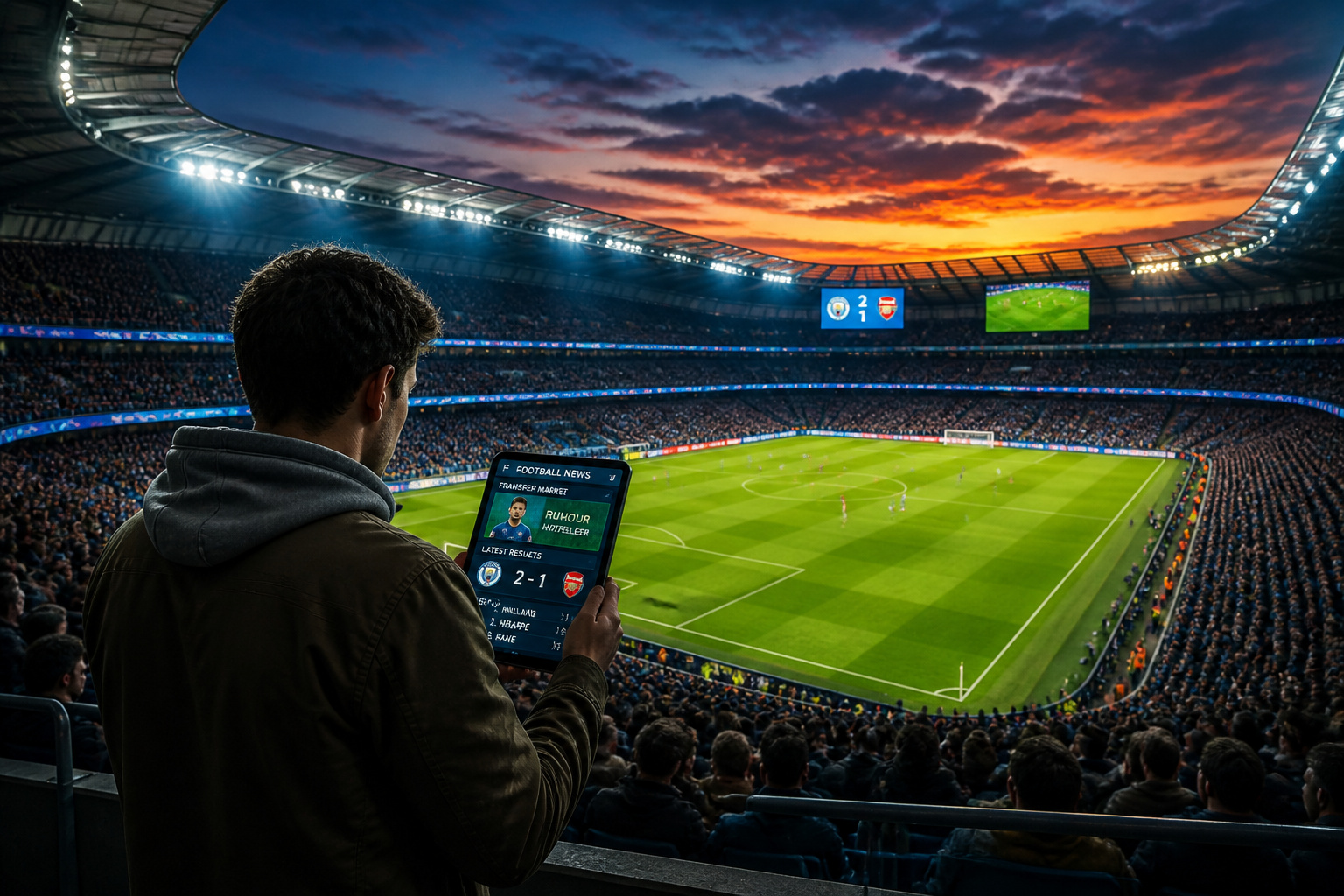 Fan de foot a la tablette au stade