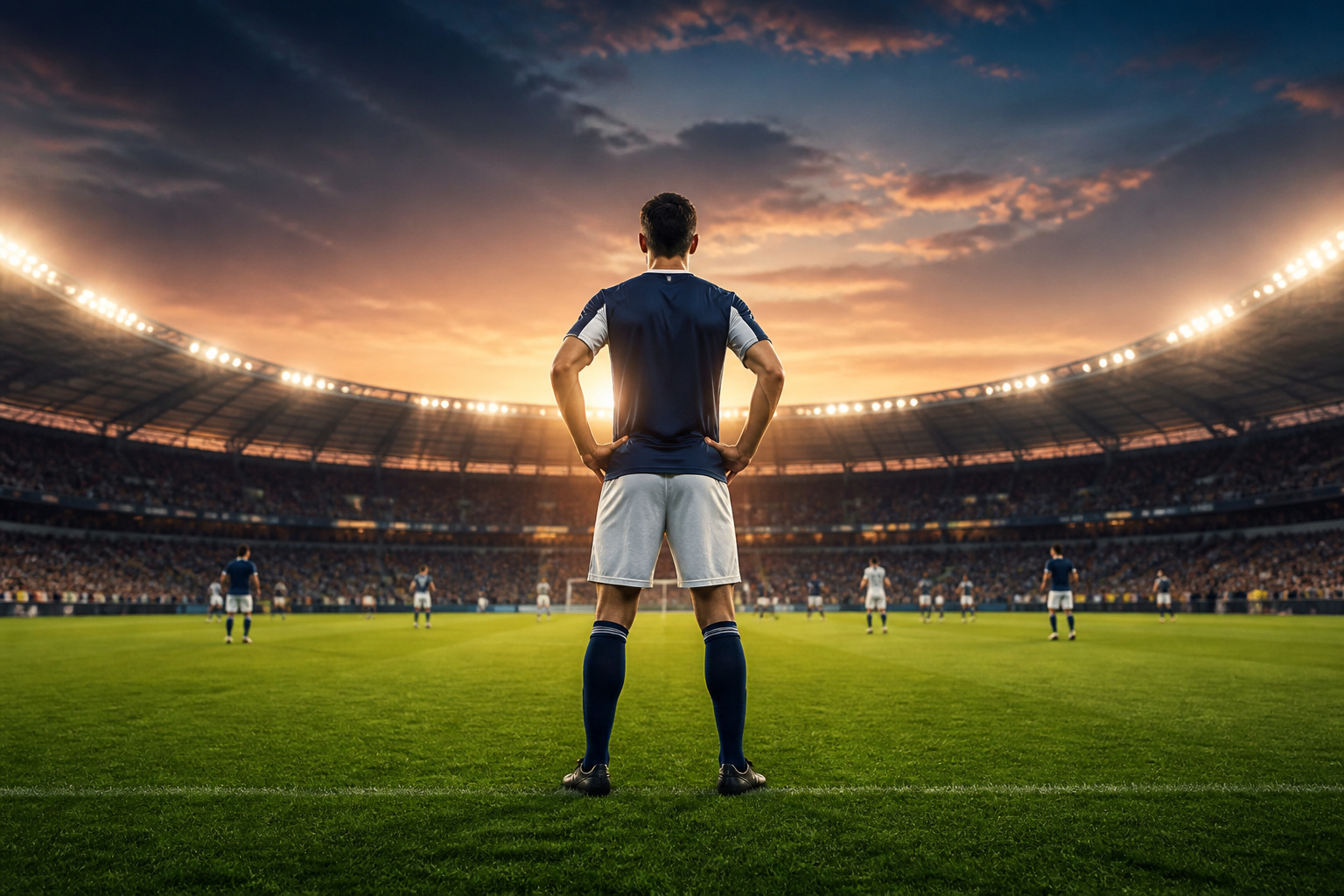 Joueur de football determine au crepuscule