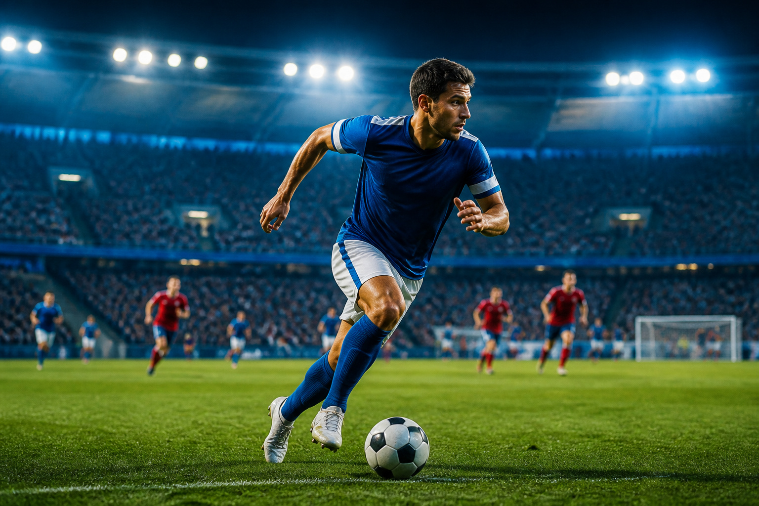 Joueur de football en action sous les projecteurs