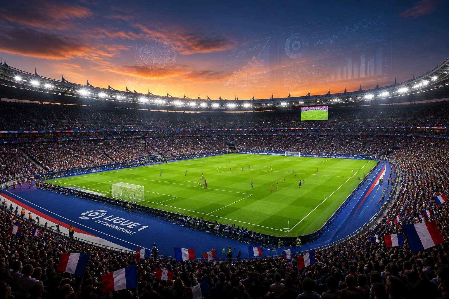 Match de football en ligue 1 au crepuscule