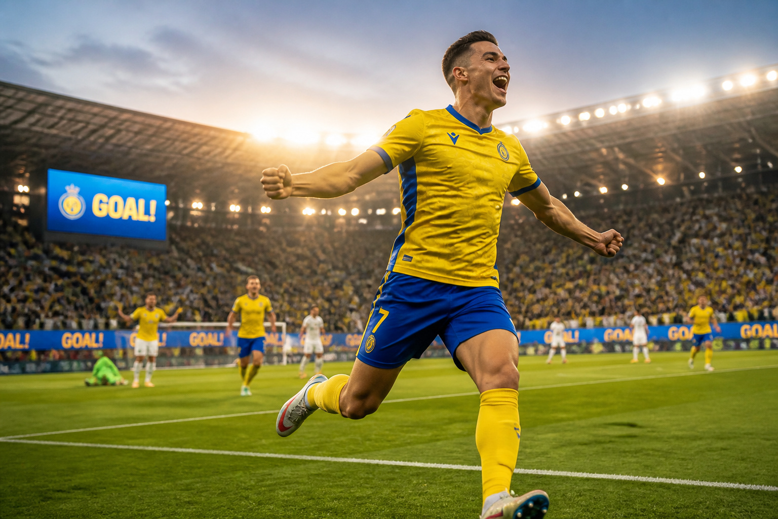 Joueur de football en pleine celebration de but