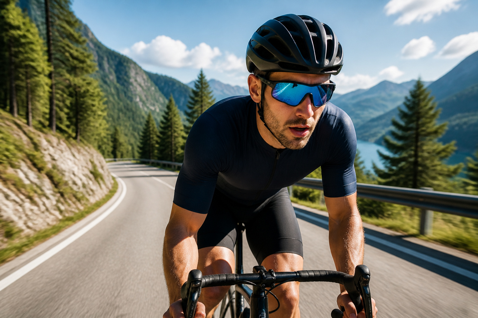 Cycliste determine en lunettes de sport bleues