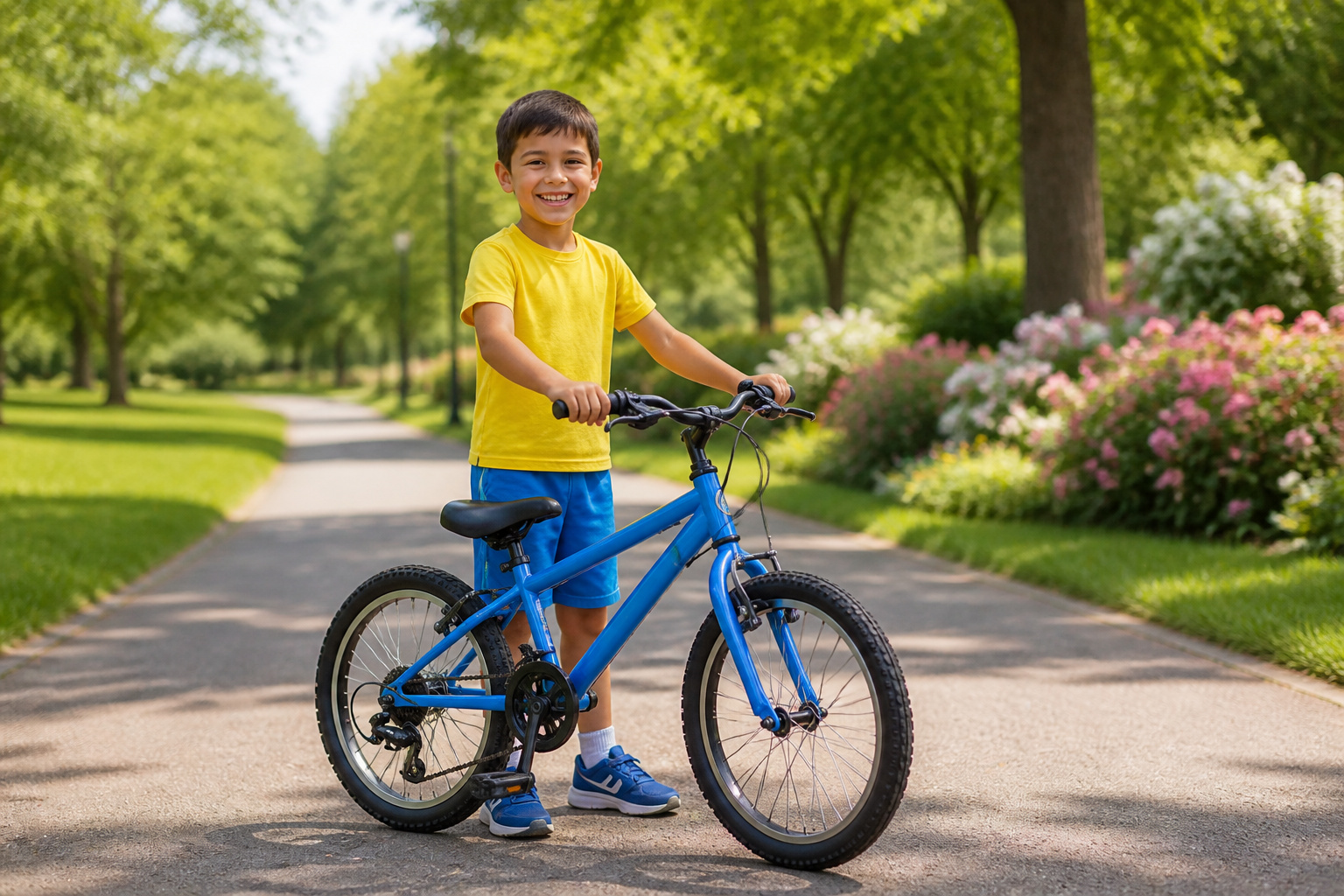 Enfant souriant avec velo bleu dans un parc
