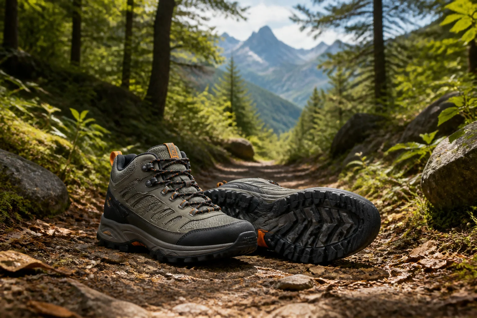 Baskets de randonnee sur sentier forestier