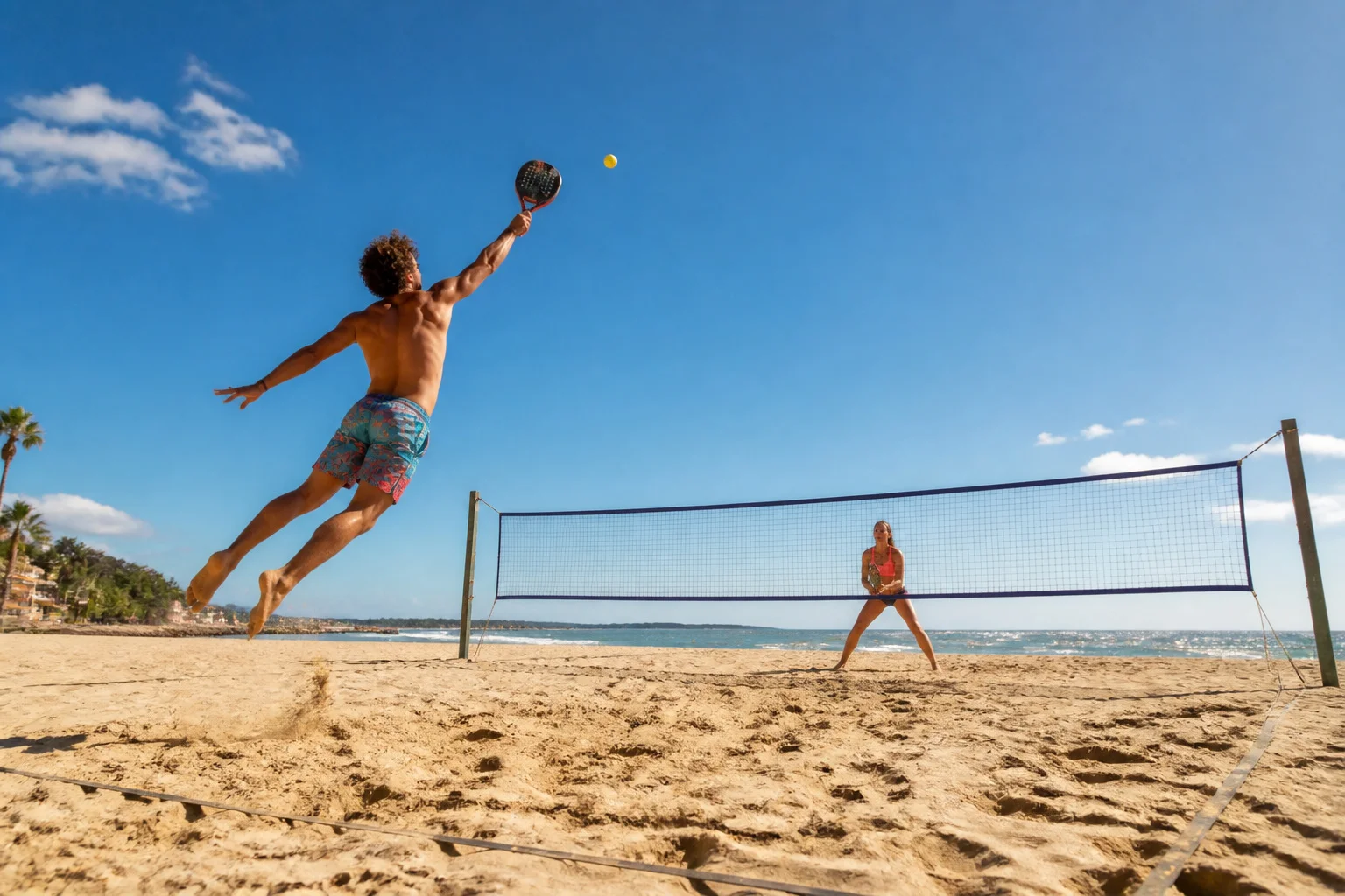Beach tennis action sur le sable dore