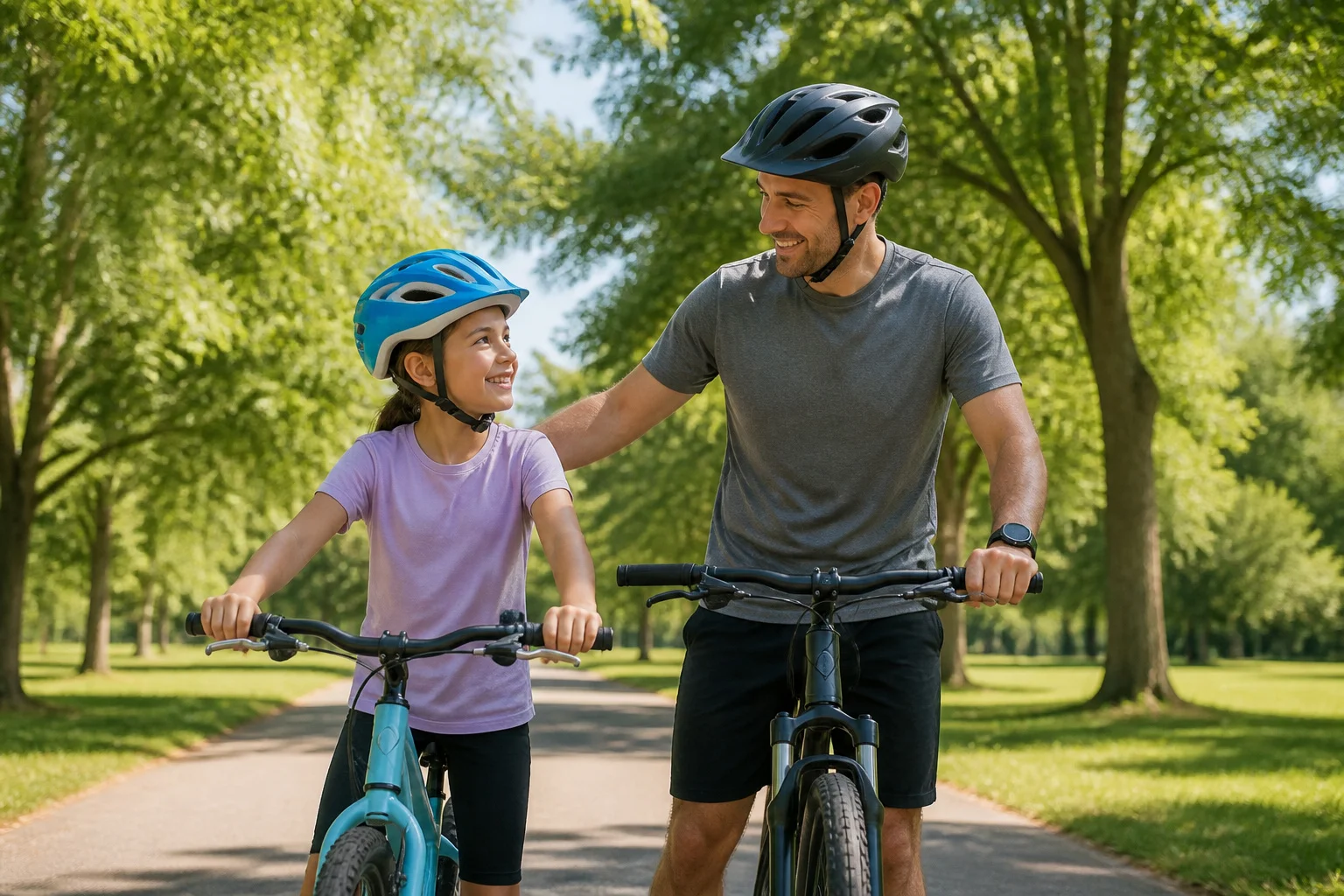 Pere et fille a velo securite avant tout