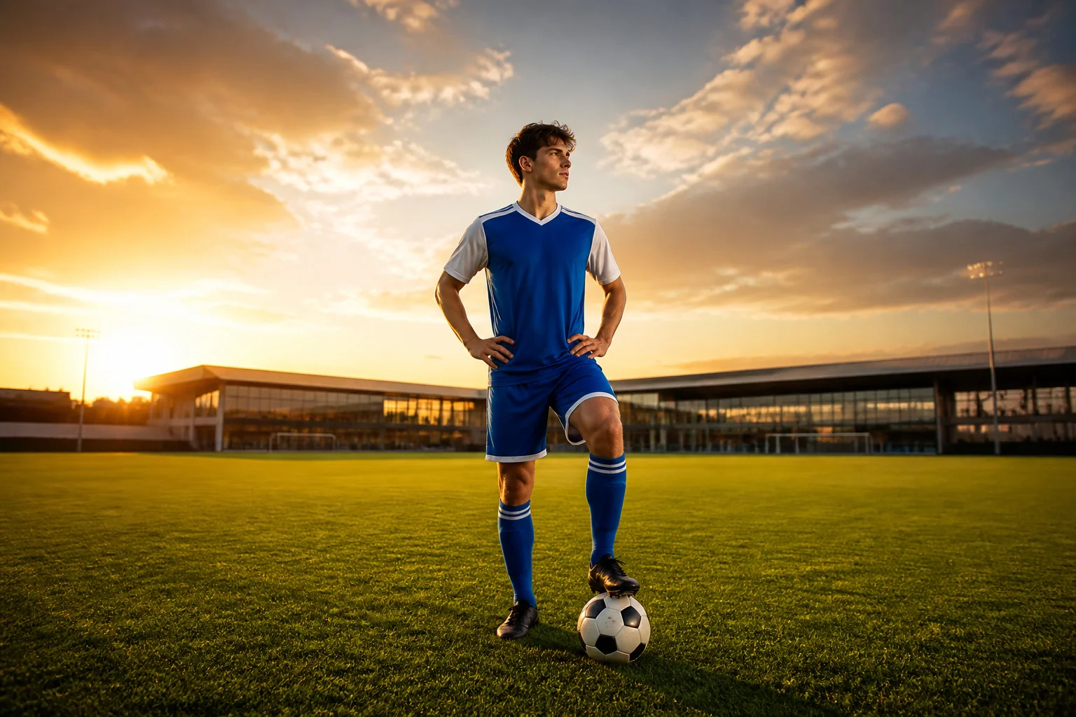 Jeune footballeur au coucher du soleil
