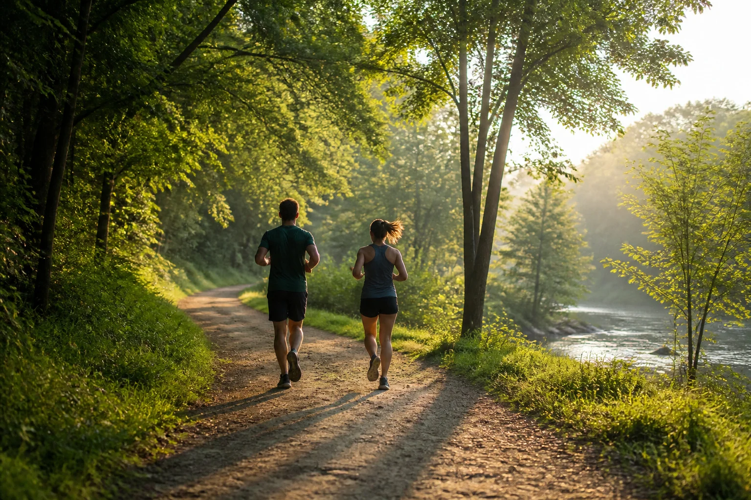 Couple courant dans un parc verdoyant