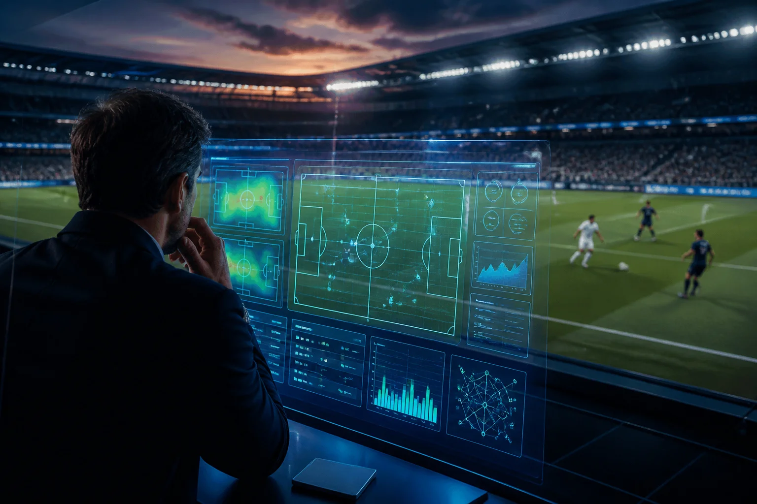 Analyst de football analysant des donnees holographiques