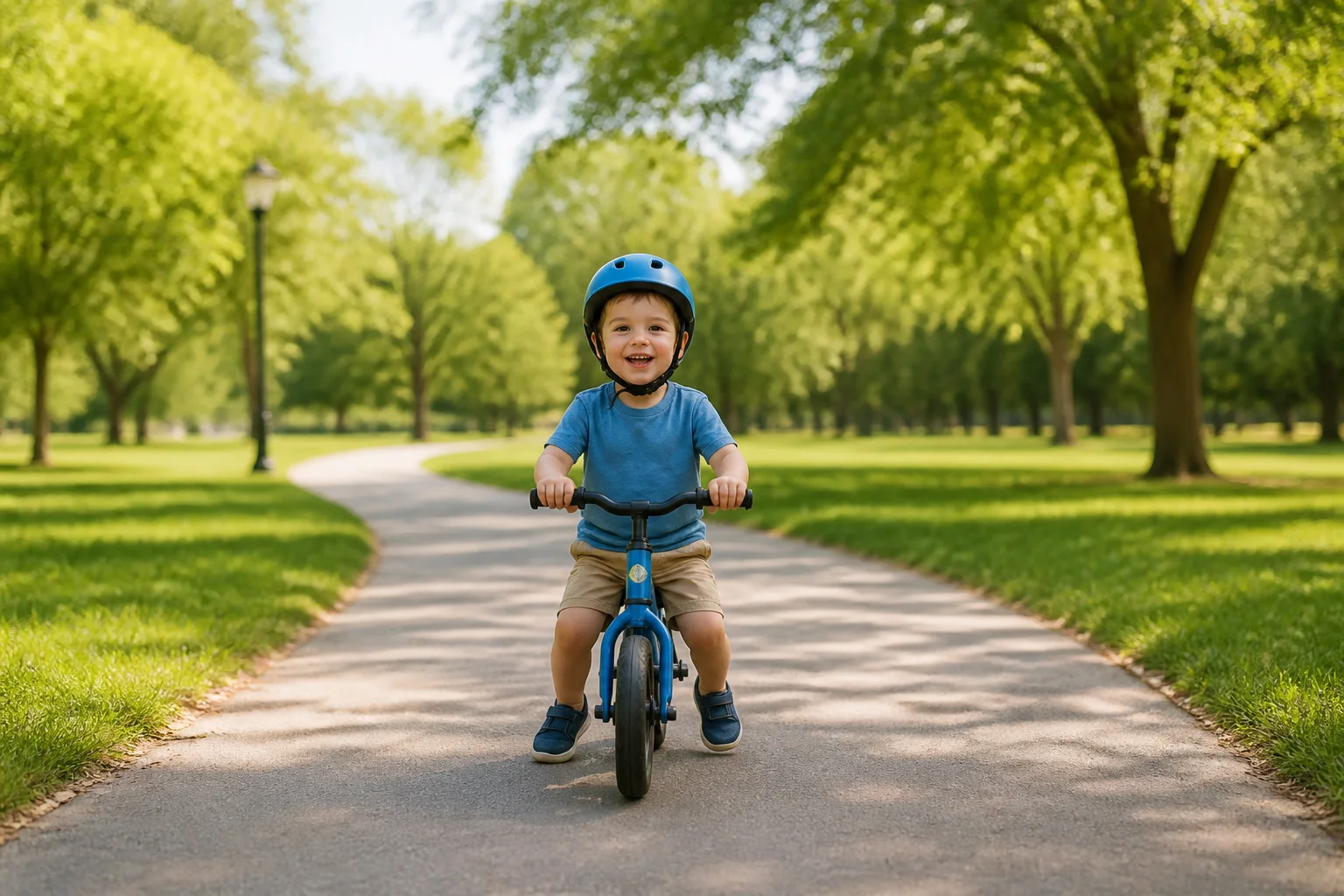 Jeune enfant sur draisienne dans un parc ensoleille