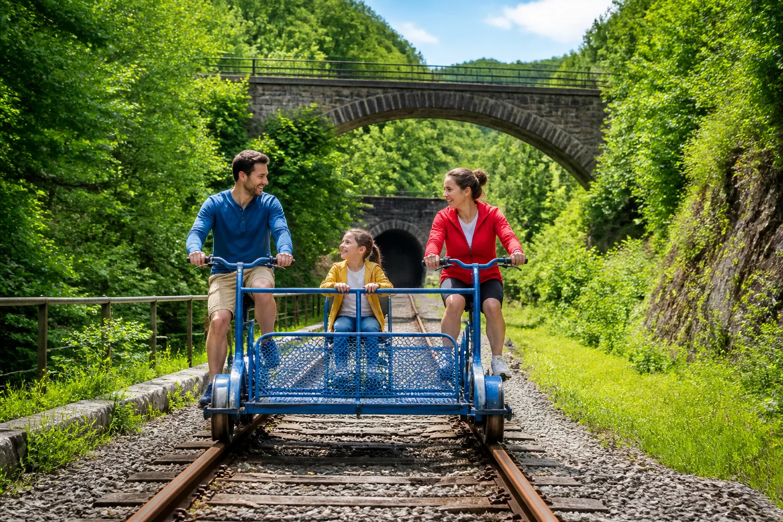 Famille en velorail sur ancienne voie ferree