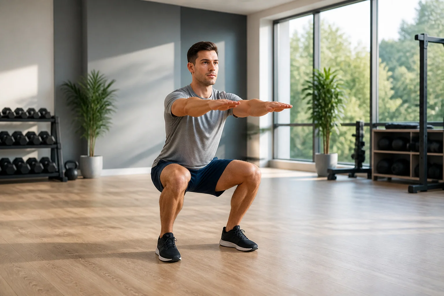 Homme athletique effectuant un squat parfait