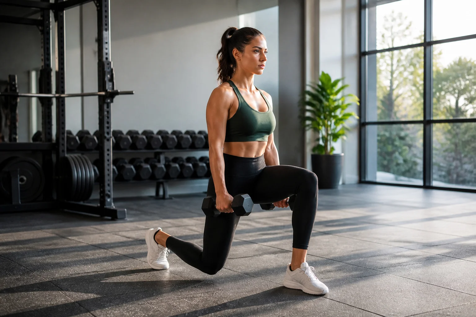 Femme athletique faisant des fentes avec halteres