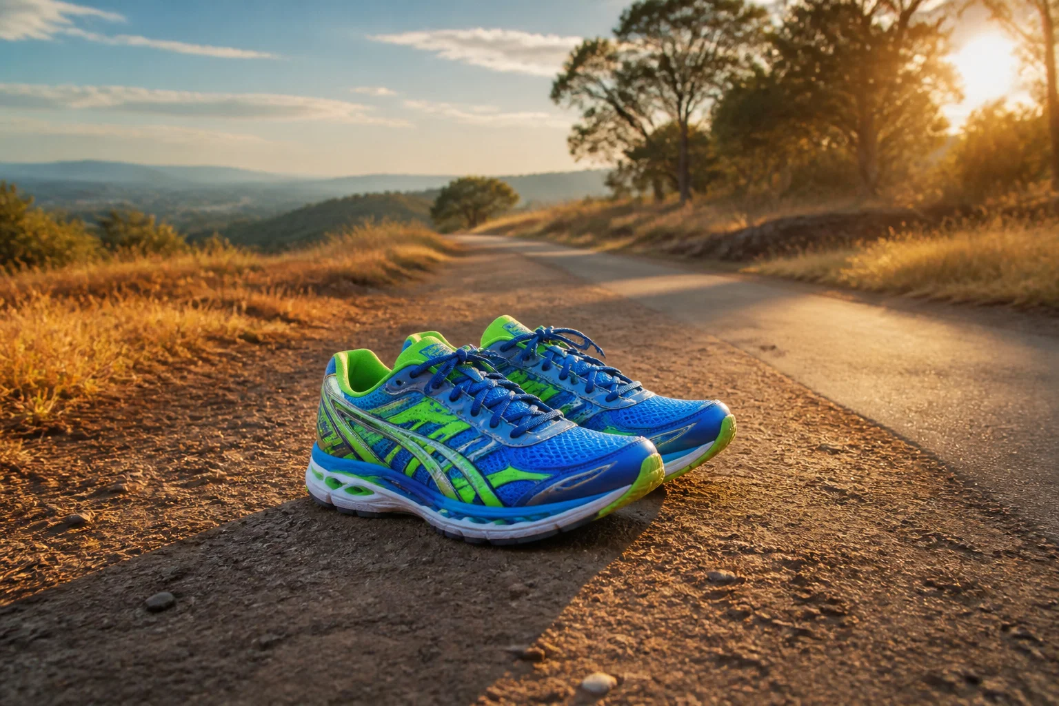 Chaussures de course modernes au coucher du soleil