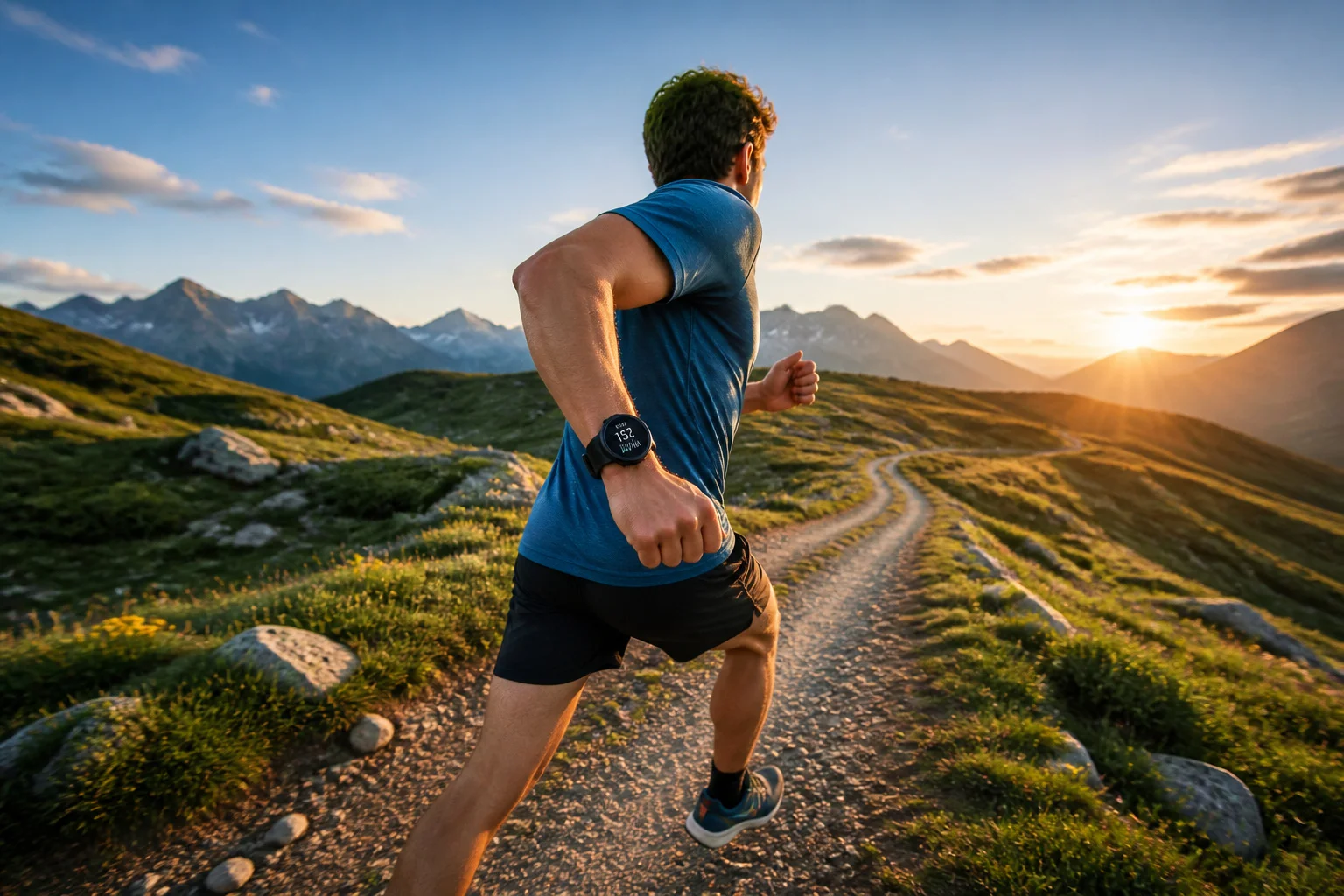 Coureur en montagne au lever du soleil