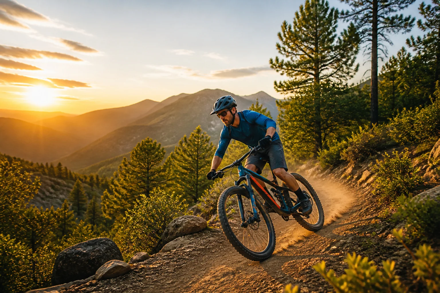 Vtt sur un sentier de montagne au coucher du soleil